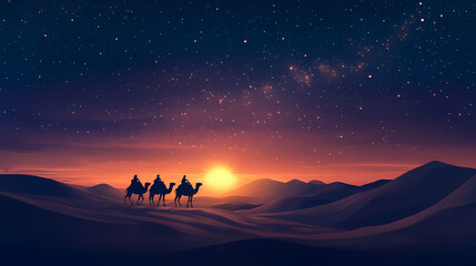 Wall Mural - A caravan of camels travels through the desert under a starry sky and a setting sun. Desert Caravan Under Stars. Illustration