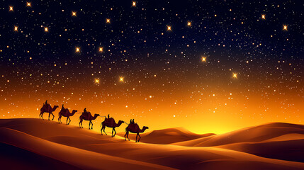 Wall Mural - A caravan of camels traversing a golden desert under a starry sky. Desert Caravan Under Stars. Illustration