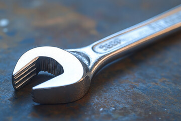 A silver wrench with a black handle is on a metal surface