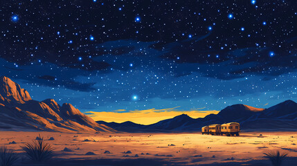 Wall Mural - A desert caravan travels under a vast and starry night. Desert Caravan Under Stars. Illustration