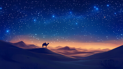 Wall Mural - A lone camel caravan traveling through a desolate desert, under a sky full of stars. Desert Caravan Under Stars. Illustration