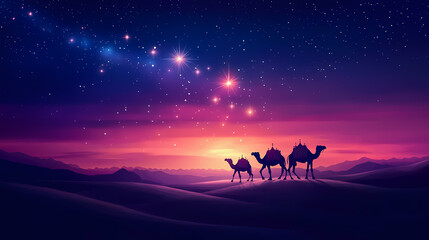 Wall Mural - A peaceful ramadan scene with camels walking under a starry sky and a glowing star. Desert Caravan Under Stars. Illustration