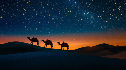 Wall Mural - Camel caravan travels through a desert under a starry night sky. Desert Caravan Under Stars. Illustration
