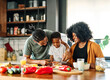 © Lumos sp - child family kitchen food boy son mother father breakfast preparing egg morning healthy diet eating home black african american father cooking parent cute meal kid
