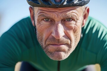 Determined senior male cyclist wearing helmet and green jersey during training session