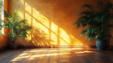 Wall Mural - Brightly lit interior of a cozy room featuring lush green plants and warm orange walls