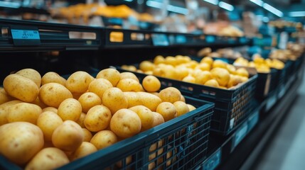 Wall Mural - Fresh Potatoes Displayed in Baskets. Shopping Groceries for Healthy Cooking