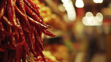 Wall Mural - Hanging Red Hot Chili Peppers Display. Fiery Spice at Market Stall Scene