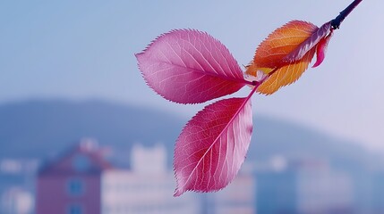 Wall Mural - Vibrant pink and orange leaves on a branch with a soft-focus cityscape in the background