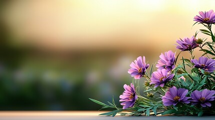 Wall Mural - Vibrant purple flowers blooming in a serene garden during sunset with a blurred background