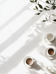 Aufkleber - Morning coffee setup with white cups and gentle shadows from leaves creating a serene atmosphere. Generative AI