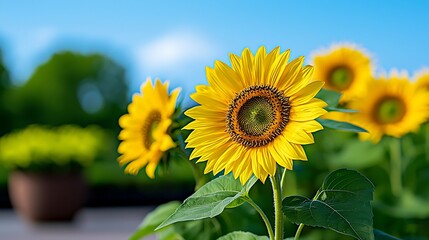 Wall Mural - Vibrant sunflowers blooming in a garden, showcasing bright yellow petals against a blue sky