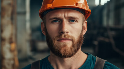 Aufkleber - Close-up of a serious, bearded worker wearing an orange helmet and uniform, standing confidently in a bustling factory environment