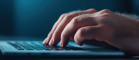 Hands typing on a laptop keyboard in blue light.