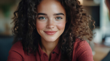 Canvas Print - Professional businesswoman with curly hair smiling confidently, standing in contemporary workplace, embodying corporate success