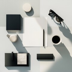 Leinwandbilder - Modern workspace setup with stationery, coffee, and stylish accessories in a minimalist display. Generative AI