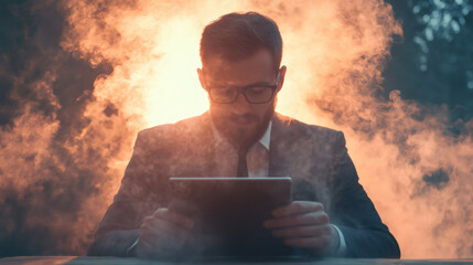 Poster - Businessman dressed in a sharp suit and tie, engaging with a tablet in a smoky room illuminated by warm orange light