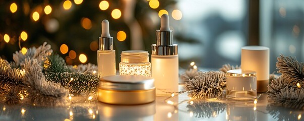 Aufkleber - Christmas cosmetics composition with gold serum bottle and snowy fir tree branch