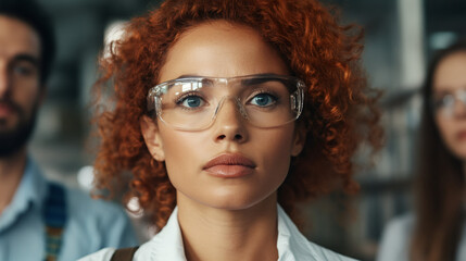 Poster - Portrait of a female scientist wearing protective glasses working in a laboratory with colleagues