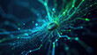 © Tameem - Image represents a concept of artificial general intelligence with abstract representation using green and blue light patterns resembling neural networks or digital circuitry.