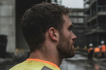 Wall Mural - A man with a beard and a yellow vest is looking up at the camera