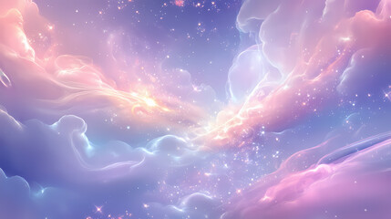 Wall Mural - Pastel dreamscape: an ethereal abstract image featuring soft pastel hues, swirling clouds, and sparkling lights, creating a dreamy and serene atmosphere. Soft Pastel Dreamscape. Illustration