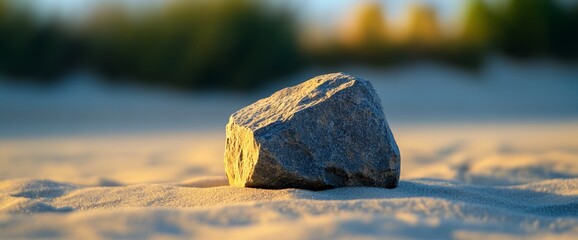 Canvas Print - Single rock on sandy beach, sunset; nature background