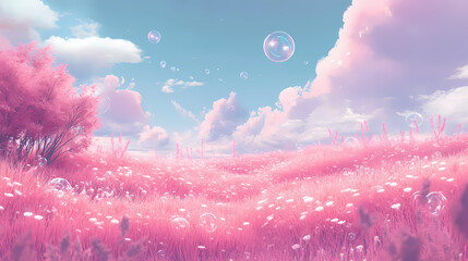 Wall Mural - A magical pink grassland with soft pastel clouds and floating bubbles, creating a whimsical, surreal dreamscape in a tranquil setting. Soft Pastel Dreamscape. Illustration