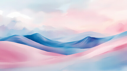 Wall Mural - Abstract pastel landscape art featuring pink dunes, blue hills, and a soft, dreamy sky, creating a serene and tranquil atmosphere. Soft Pastel Dreamscape. Illustration