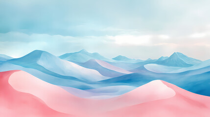Wall Mural - Abstract pastel landscape art featuring pink dunes, blue hills, and a soft, dreamy sky, creating a serene and tranquil atmosphere. Soft Pastel Dreamscape. Illustration