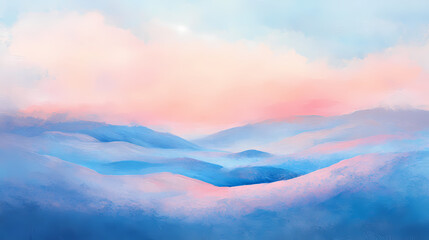 Wall Mural - Abstract pastel landscape art featuring pink dunes, blue hills, and a soft, dreamy sky, creating a serene and tranquil atmosphere. Soft Pastel Dreamscape. Illustration