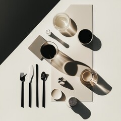 Poster - Dining table setup featuring minimalist utensils and glasses with shadows on a simplistic backdrop during the afternoon. Generative AI