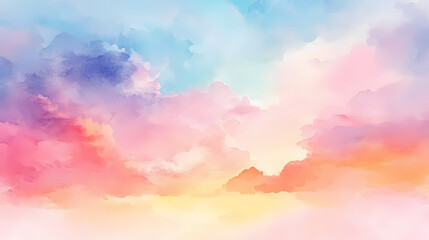 Wall Mural - Dreamy watercolor background soft pastel colors serene sky with clouds abstract landscape in pink blue yellow orange purple tones. Soft Pastel Dreamscape. Illustration