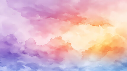 Wall Mural - Dreamy watercolor background soft pastel colors serene sky with clouds abstract landscape in pink blue yellow orange purple tones. Soft Pastel Dreamscape. Illustration