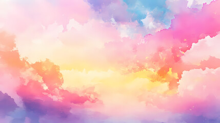 Wall Mural - Dreamy watercolor background soft pastel colors serene sky with clouds abstract landscape in pink blue yellow orange purple tones. Soft Pastel Dreamscape. Illustration