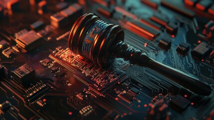 Digital Justice Gavel on a Circuit Board.