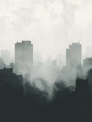Fototapete - Cityscape shrouded in gray smog with silhouettes of buildings fading into the haze. Generative AI