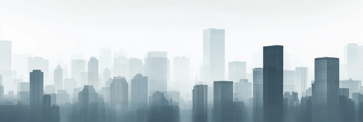 city skyline enveloped in thick gray smog with fading silhouettes of buildings beneath a misty sky. 