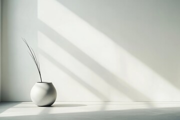 Fototapete - Minimalist interior with a simple vase and delicate plant under soft sunlight in a modern space. Generative AI