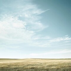 Leinwandbilder - Vast grassland under a clear blue sky with scattered clouds in early afternoon light. Generative AI