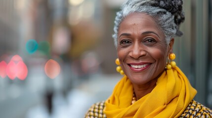 Sticker - This is a photograph of an older African American woman wearing yellow, smiling and looking directly at the camera.