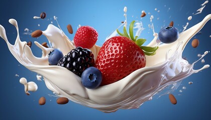 Wall Mural - milk splashing in the middle with berry strawberry blueberry blackberry almond chocolate on solid color background in 3d illustrations