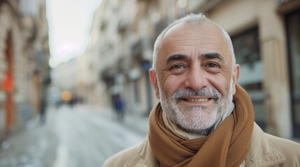 Sticker - A man smiling while standing near a city street, possibly waiting or taking a break from his day.