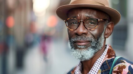 Sticker - An elderly man with a beard and bald head in glasses, wearing a hat and holding an umbrella in a city environment.