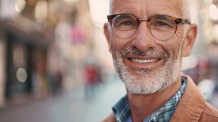 Sticker - A smiling man with gray hair, wearing glasses and a mustache, stands in front of a blurred street scene.