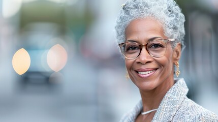 Sticker - A woman smiling at the camera with a cityscape background.