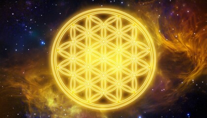 Wall Mural - flower of life symbol in yellow color on a background of the universe with nebulae
