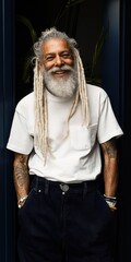 Wall Mural - A man with long hair and a beard is smiling and standing in front of a door. He is wearing a white shirt and blue jeans