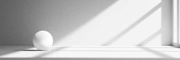 Fototapete - White sphere resting on a minimalistic surface in well lit interior space with shadows cast by sunlight. Generative AI