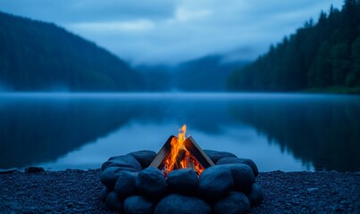 Canvas Print - Campfire lake night serene nature tranquil relaxation